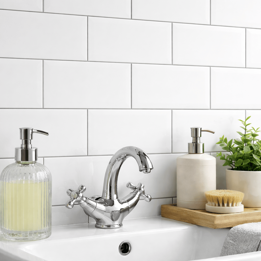 Flat white gloss metro wall tile 100x200mm reflecting ambient room light
