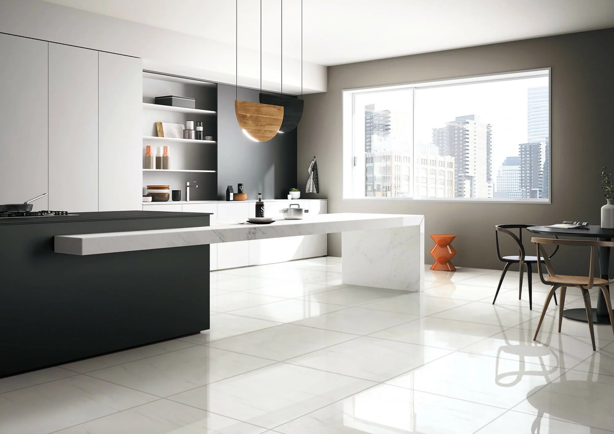 Baltic Nobre porcelain tile installed in a metropolitan kitchen