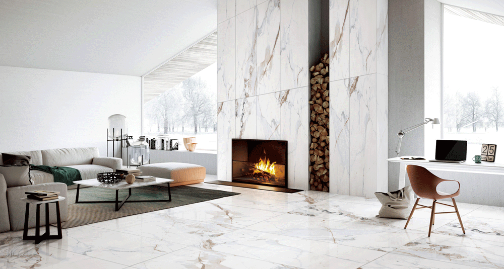 Bering Rojo Polished Porcelain Tile installed in a living room and fireplace
