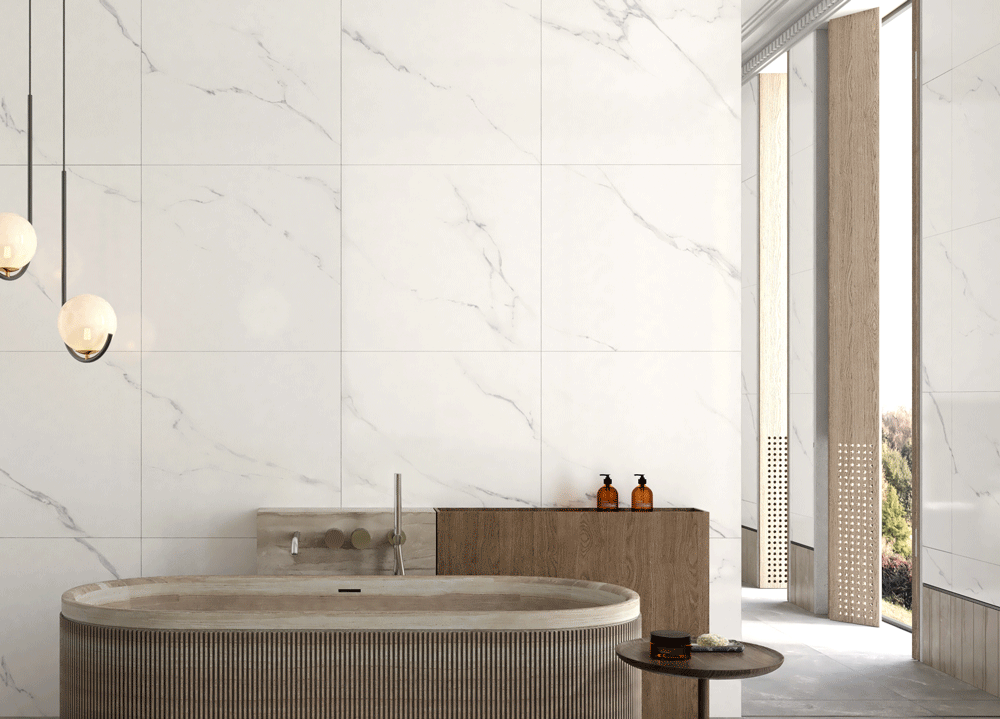 Bering Ebiza 24x24 Polished Porcelain Tile installed in a bathroom
