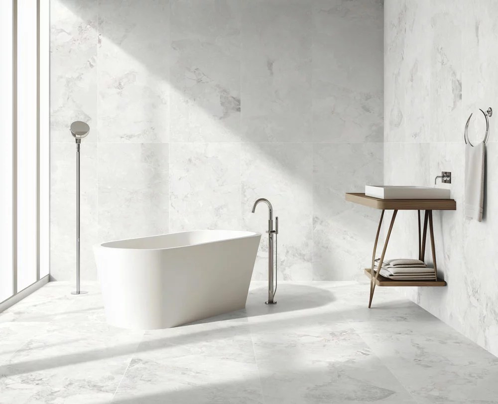 Royal Stone Cream porcelain tile installed on all surfaces of a bathroom