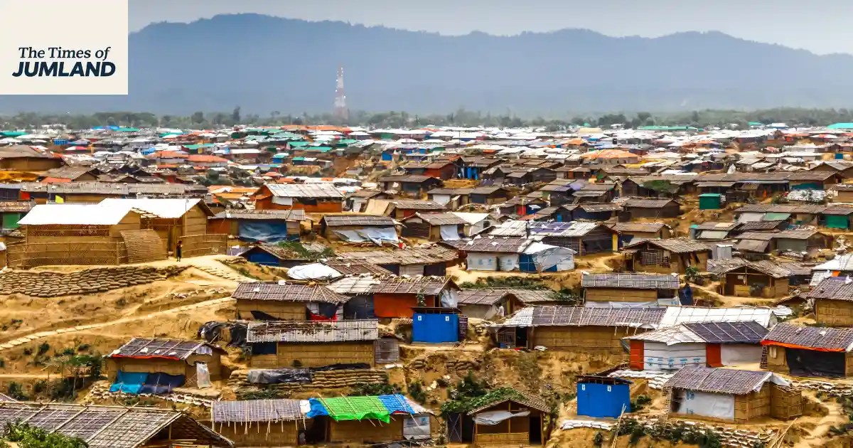 Rohingya refugee camp settlement in southeastern Bangladesh near the Bandarban–Cox’s Bazar border region.