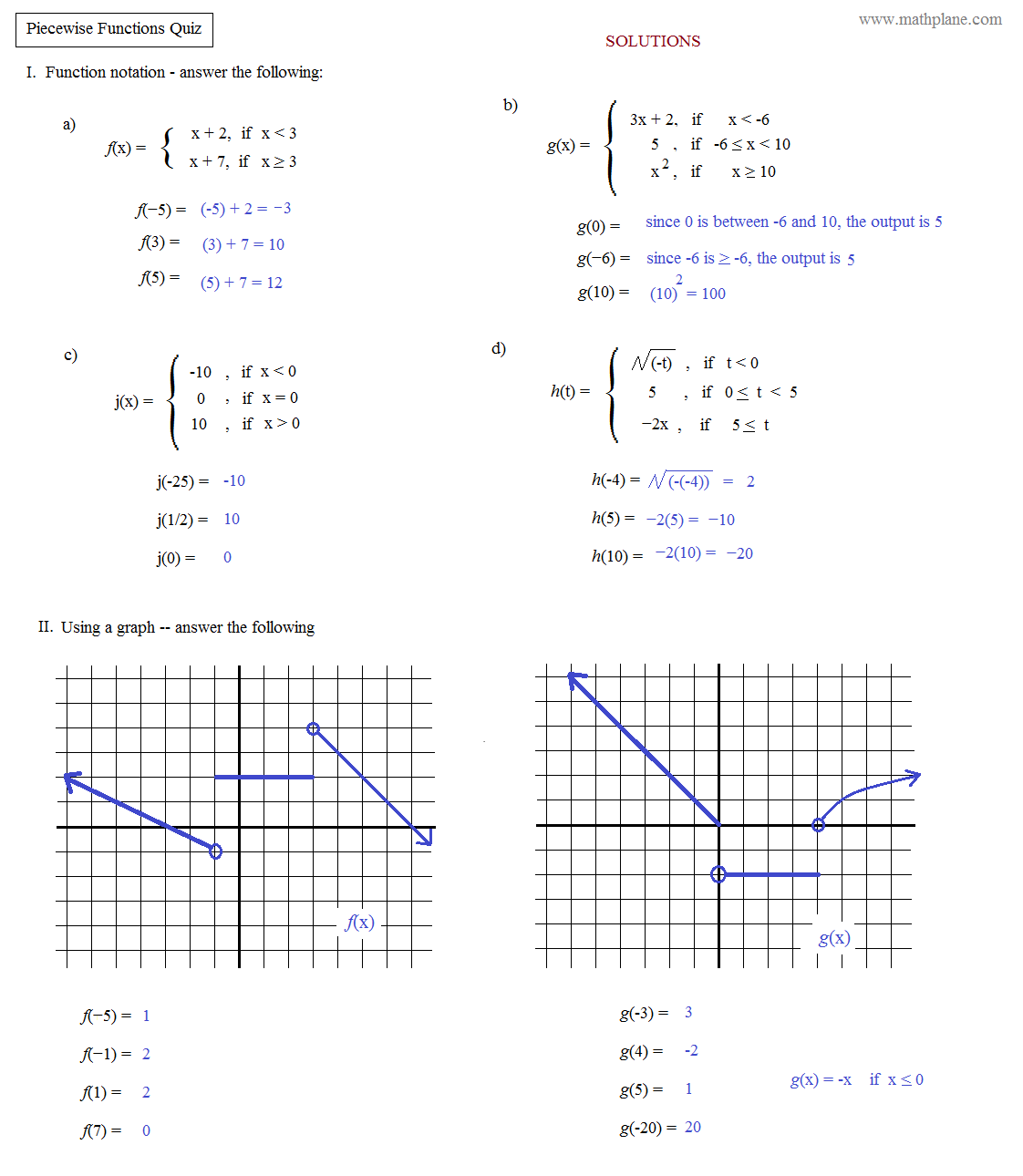 Piecewise functions worksheet multiple choice