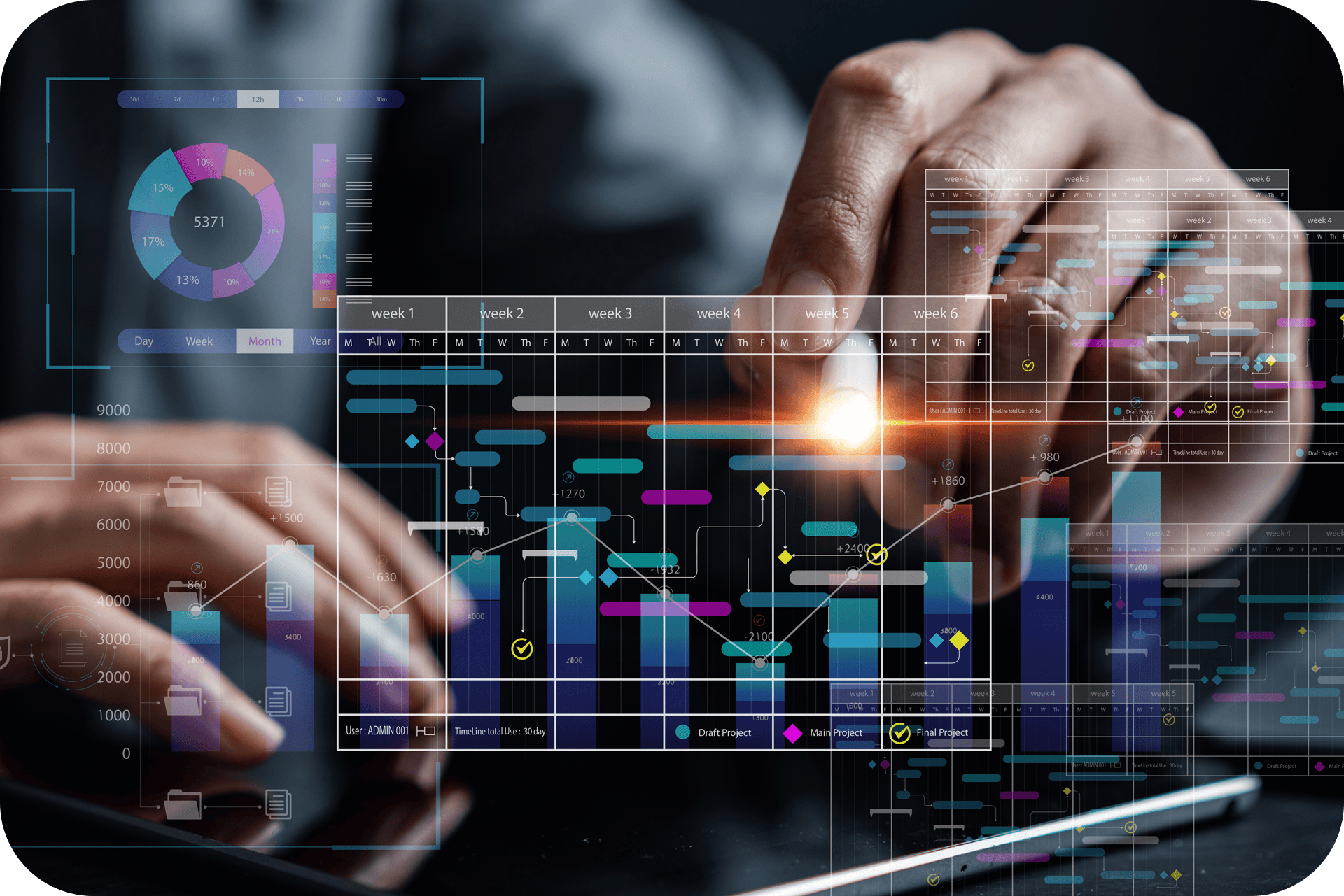 White male using a light pen to manipulate a transparent screen with many bar charts and graphs.