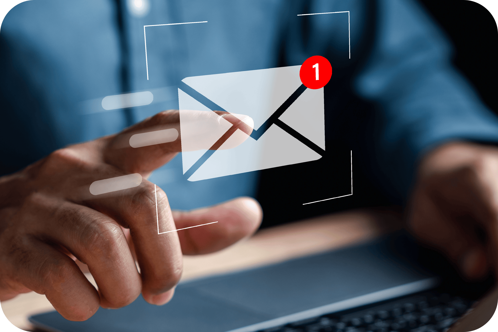 E-mail marketing image of a white mail using his index finger to touch a transparent screen with an image of a semi-transparent white envelope