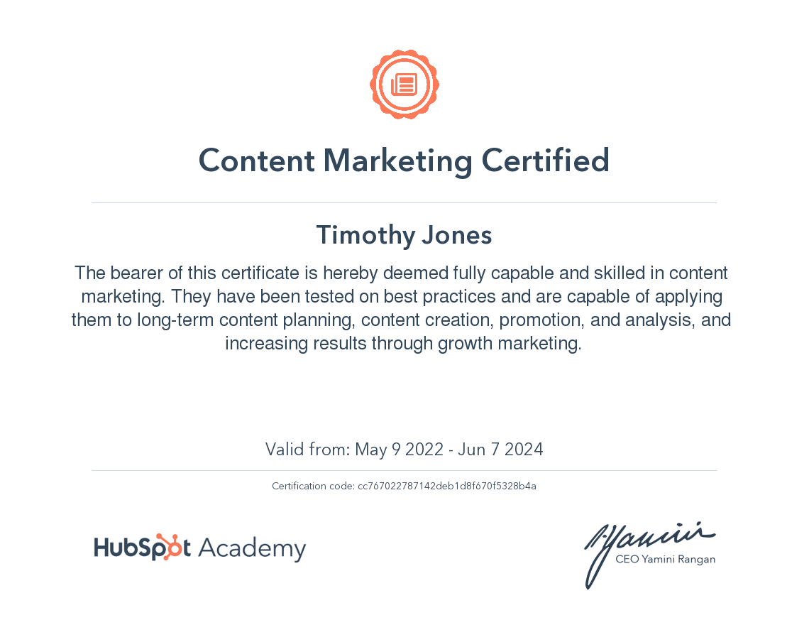 Content marketing certificate from HubSpot