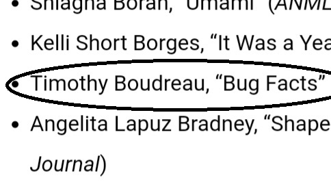 Partial list of Microfiction winners, including "Bug Facts"