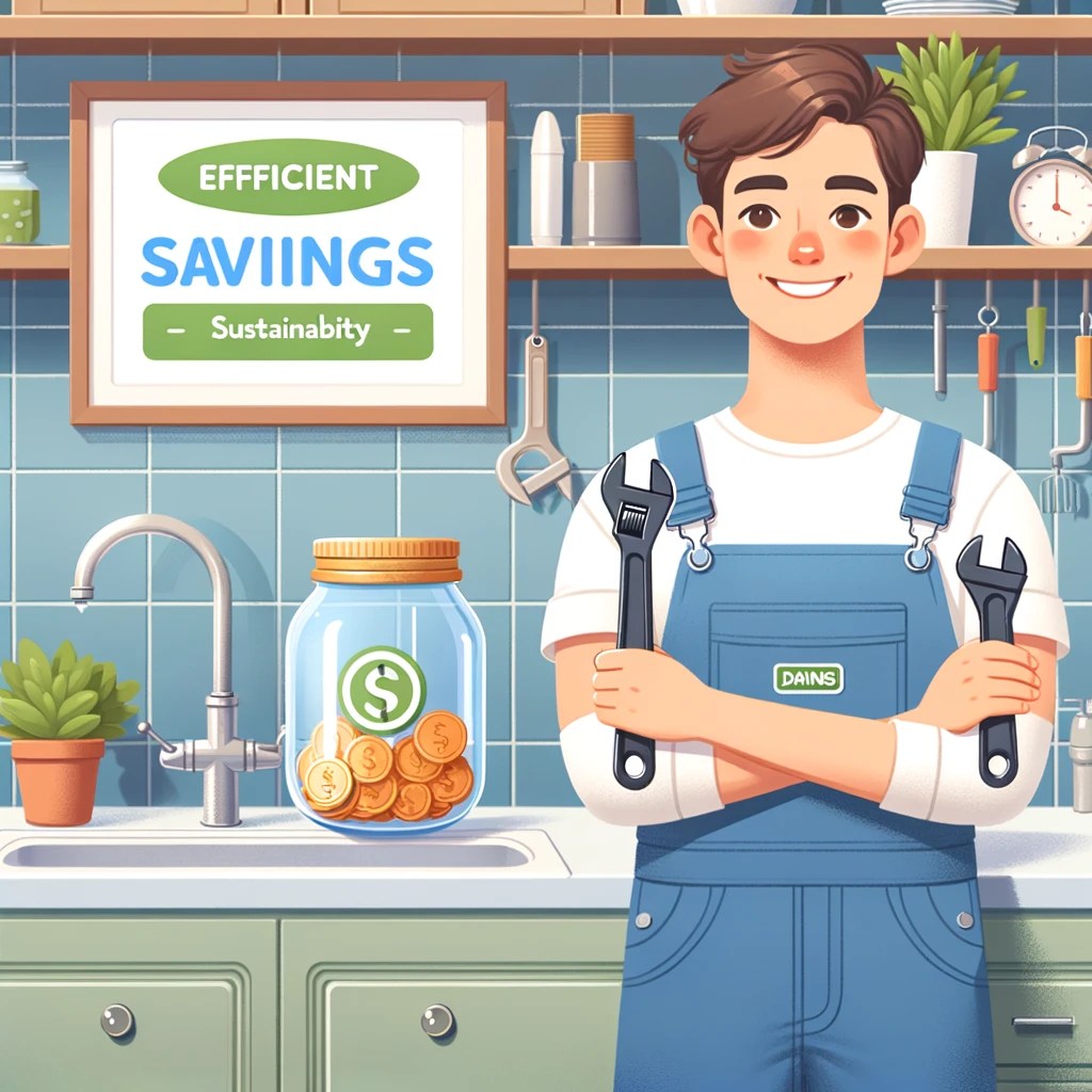 Hydro Jetting 101: DIY Maintenance For Clear Drains And Savings In a sparkling kitchen, a personable individual clad in overalls beams with a wrench in hand, standing beside a clear jar overflowing with coins, aptly labeled 'Savings'. The pristine sink behind them shines under the light, symbolizing the cleanliness achieved through diligent maintenance. Above, a sign reads 'Efficient Plumbing for Savings and Sustainability', reinforcing the theme of eco-conscious living. The surroundings are adorned with energy-saving appliances and verdant plants, highlighting the commitment to an environmentally friendly and cost-effective household.