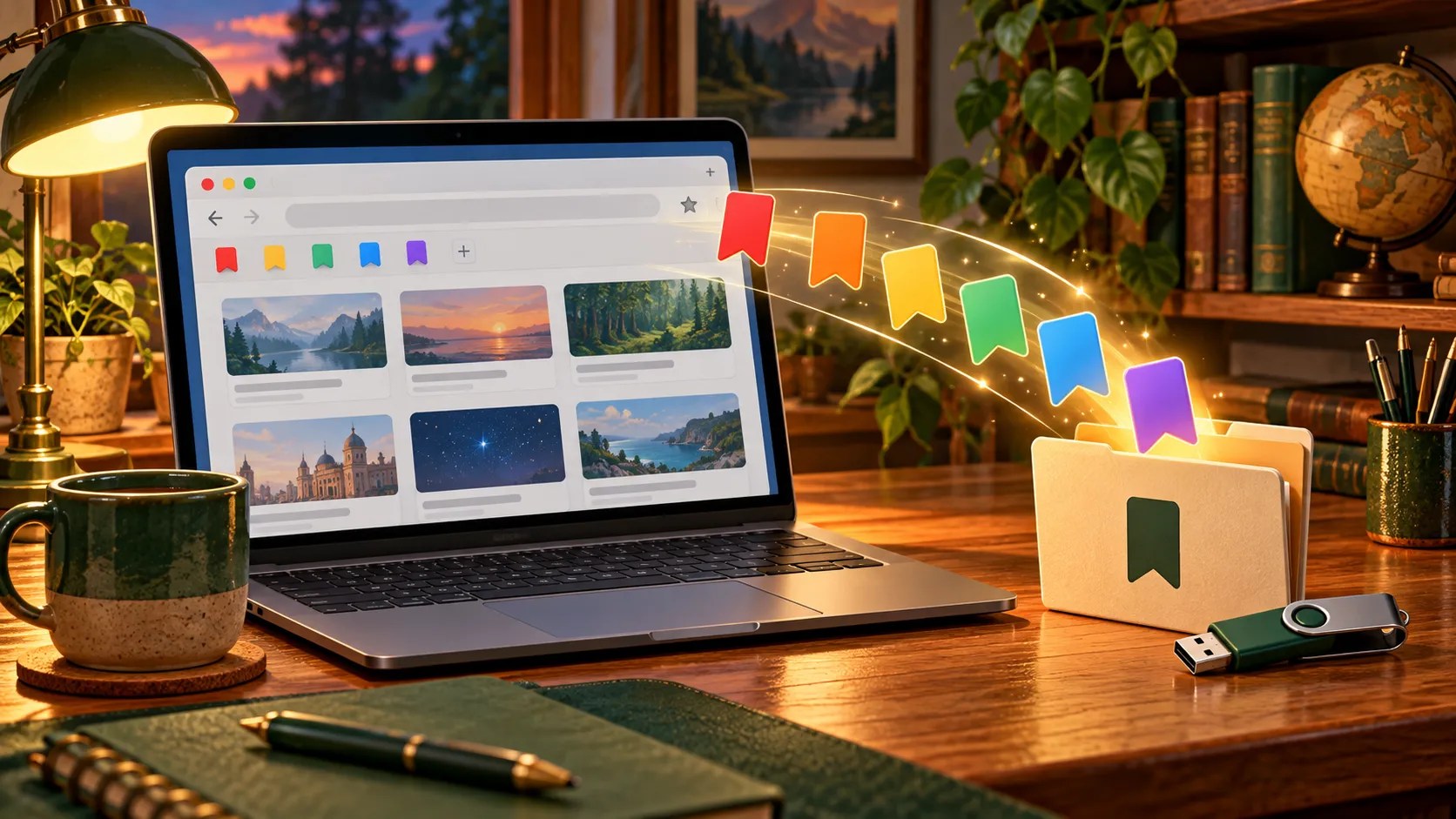 A laptop browser with colorful bookmark ribbons flowing into a small folder beside a USB stick.