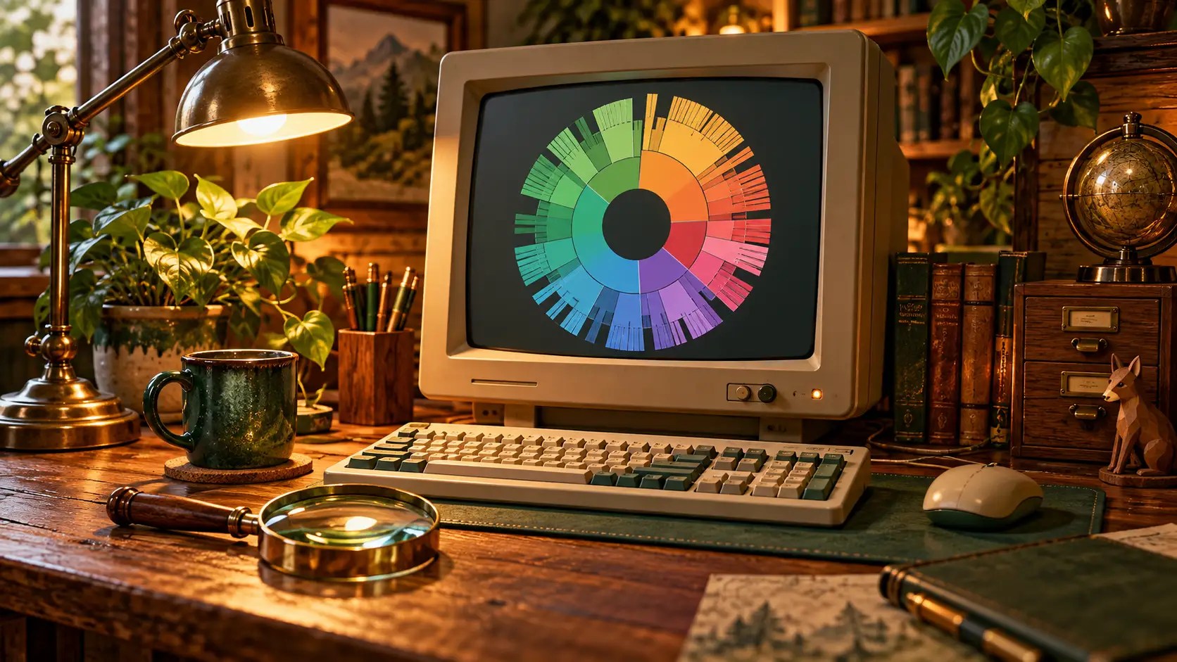 A retro monitor shows a colorful ring chart of folder sizes, with a magnifying glass on the desk.