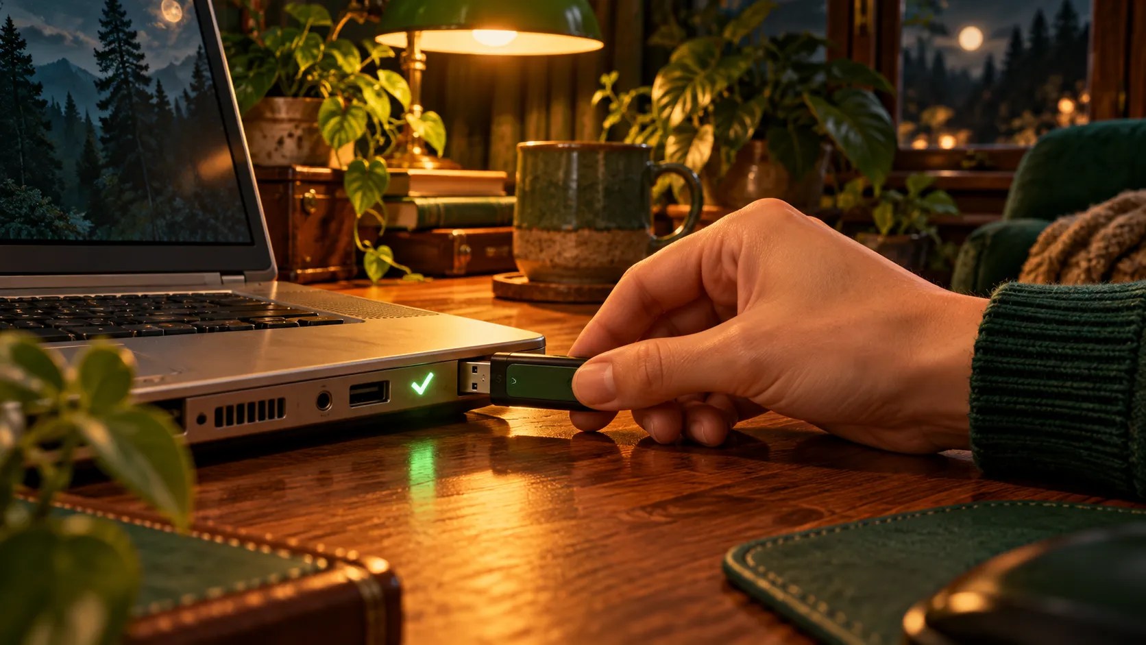 A hand unplugs a USB flash drive from a laptop showing a small green light.