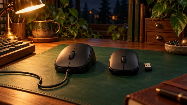 Two generic basic mice on a desk mat, one wired and one wireless with a small USB receiver.