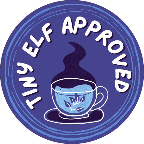 Tiny Elf Approved stamp picturing a steaming tea cup with leaves. All in blue shades.