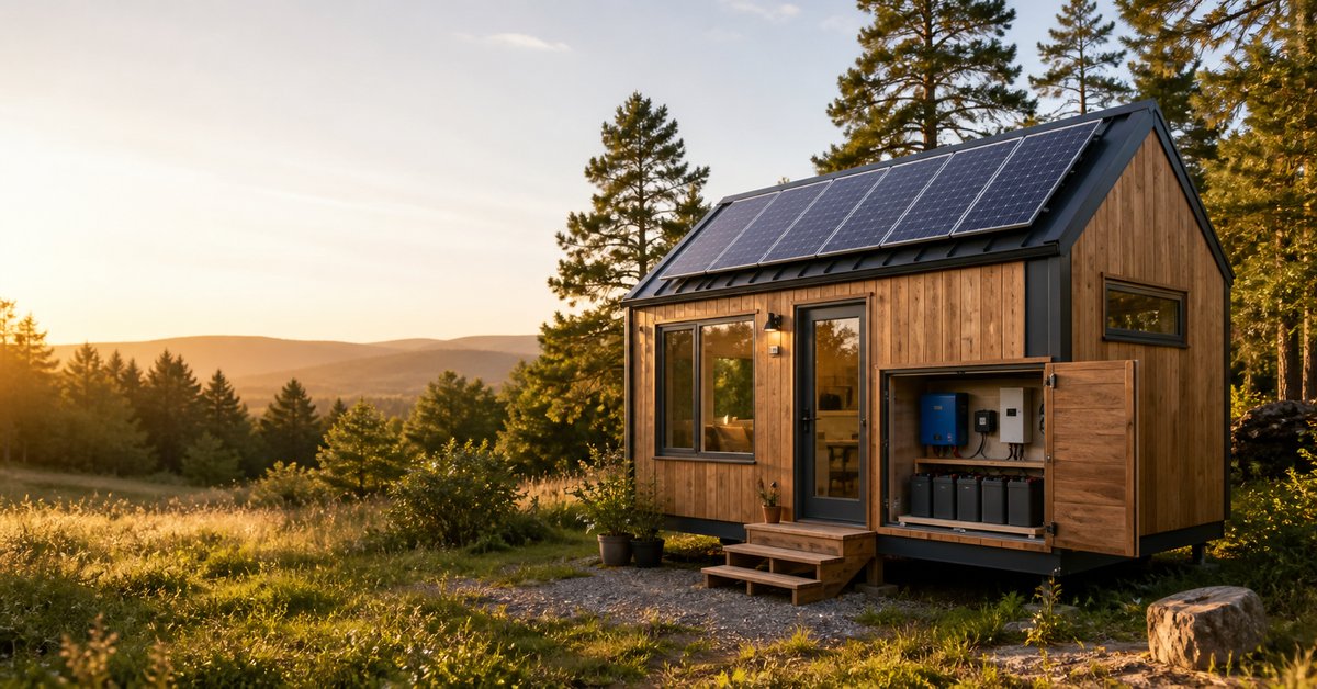 A tiny house with roof solar panels and a visible enclosed battery and inverter compartment in a natural setting.