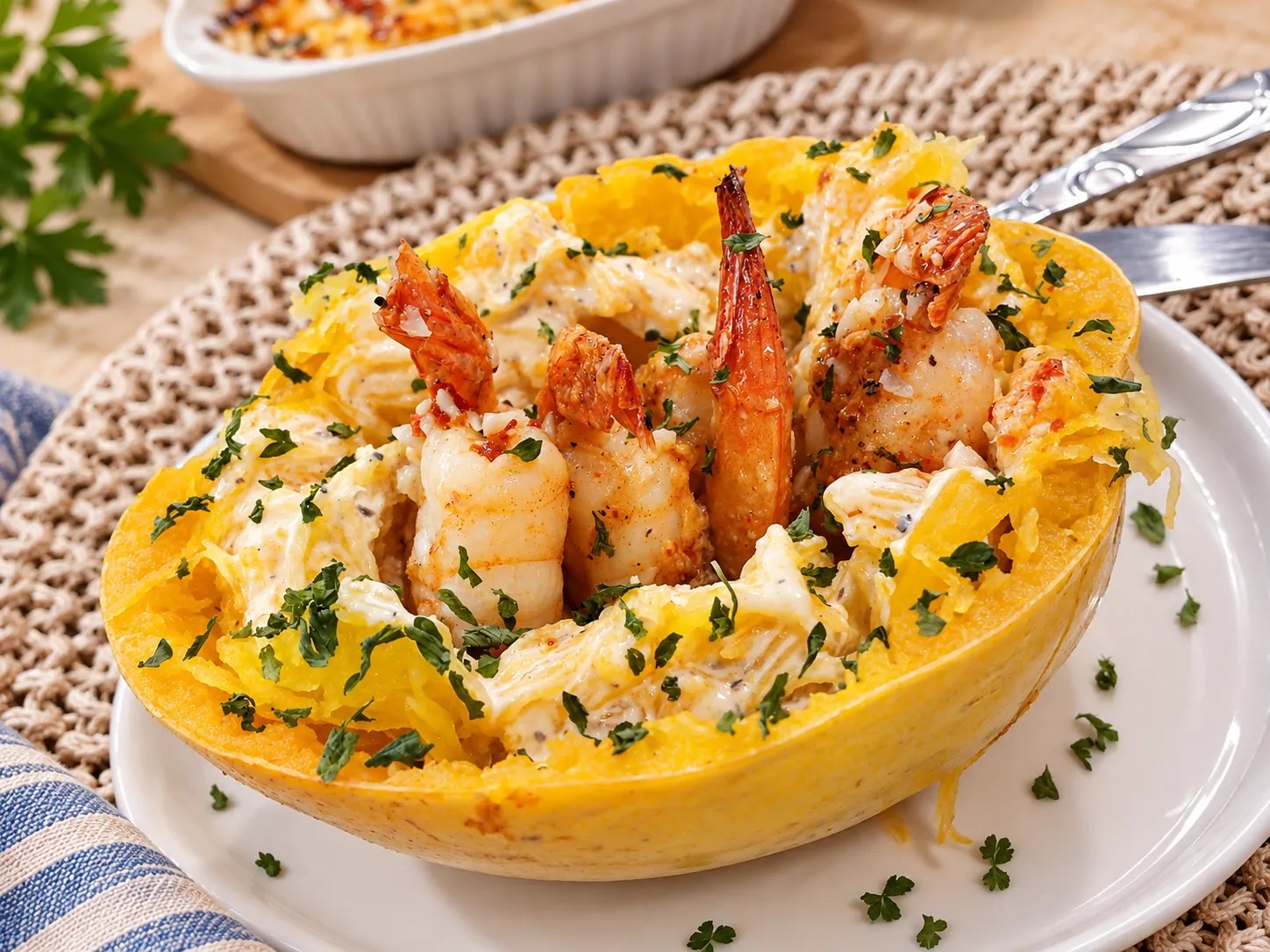 Spaghetti squash with shrimp Alfredo, a corrected photograph from the Tiny Keto Chef kitchen