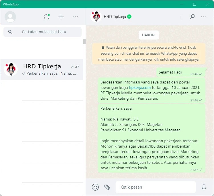 6 cara melamar kerja lewat wa dan contoh chat