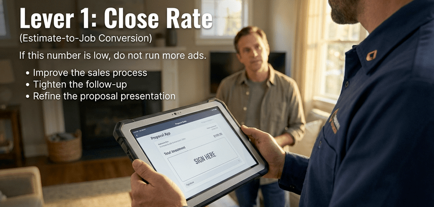 Image showing a man in a blue shirt presenting a tablet to another man in a casual outfit, with text overlay about improving close rate and sales process.