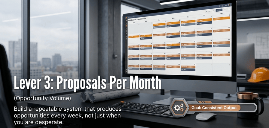 A computer screen displaying a calendar with scheduled proposals and estimates, emphasizing the importance of consistent proposal generation. In the foreground, a keyboard and a coffee cup are visible, along with construction helmets in the background.