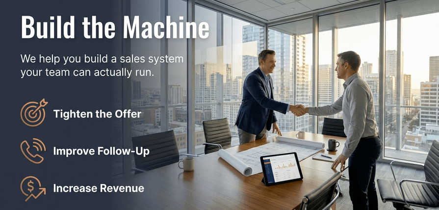 Two professionals shaking hands in a modern office with a city view; text highlights building a sales system with focus on tightening offers, improving follow-up, and increasing revenue.