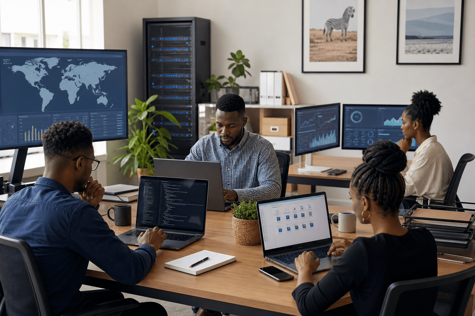A modern web agency team managing multiple client websites in a professional office setting