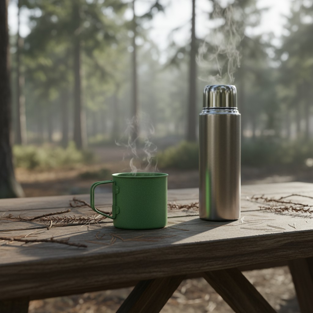 A hot beverage steams from a green metal cup next to a silver thermos on a picnic table in an outdoor setting on a sunny d...