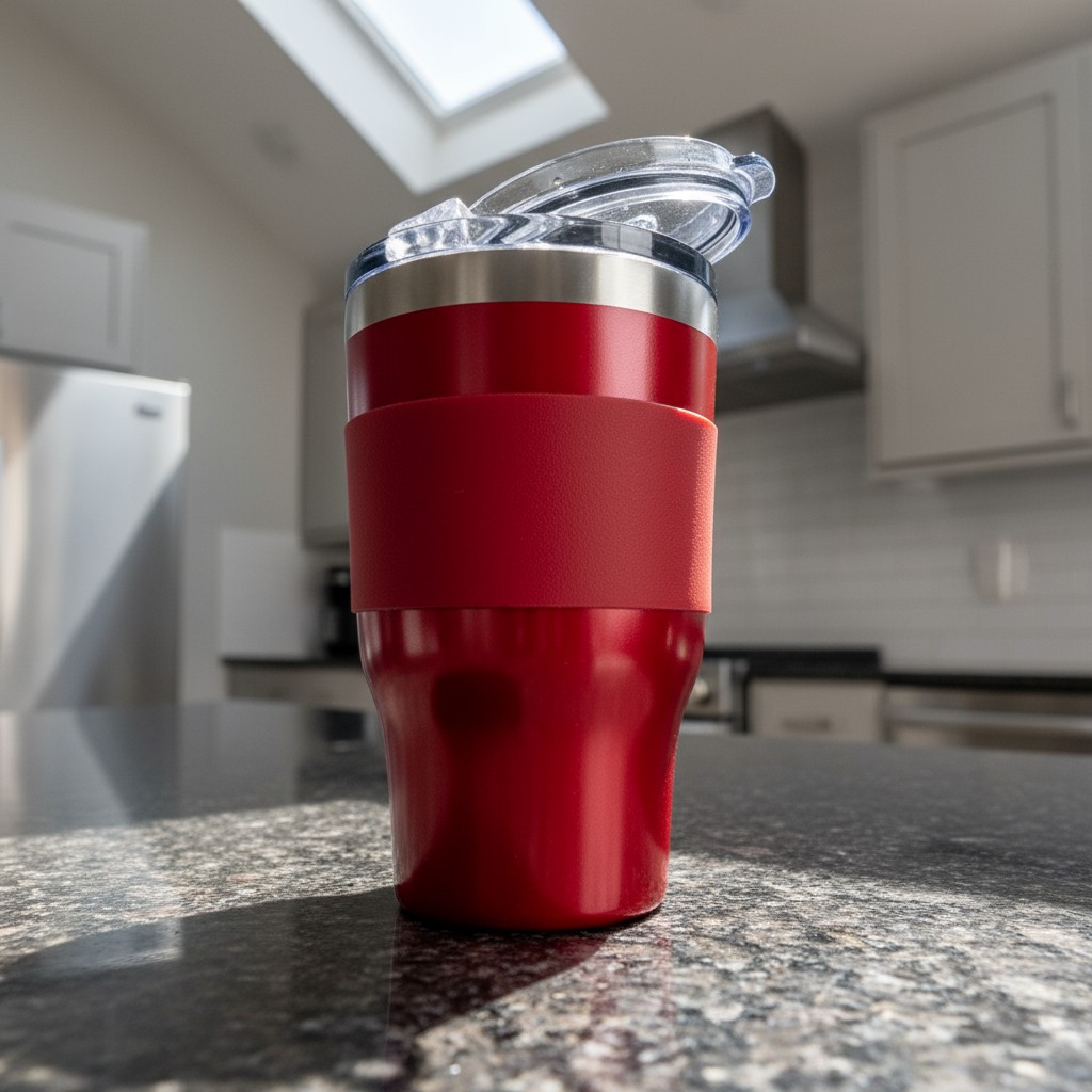 A red insulated tumbler, topped with a clear plastic lid featuring a tab handle grasp, stands upright on a speckled grey g...