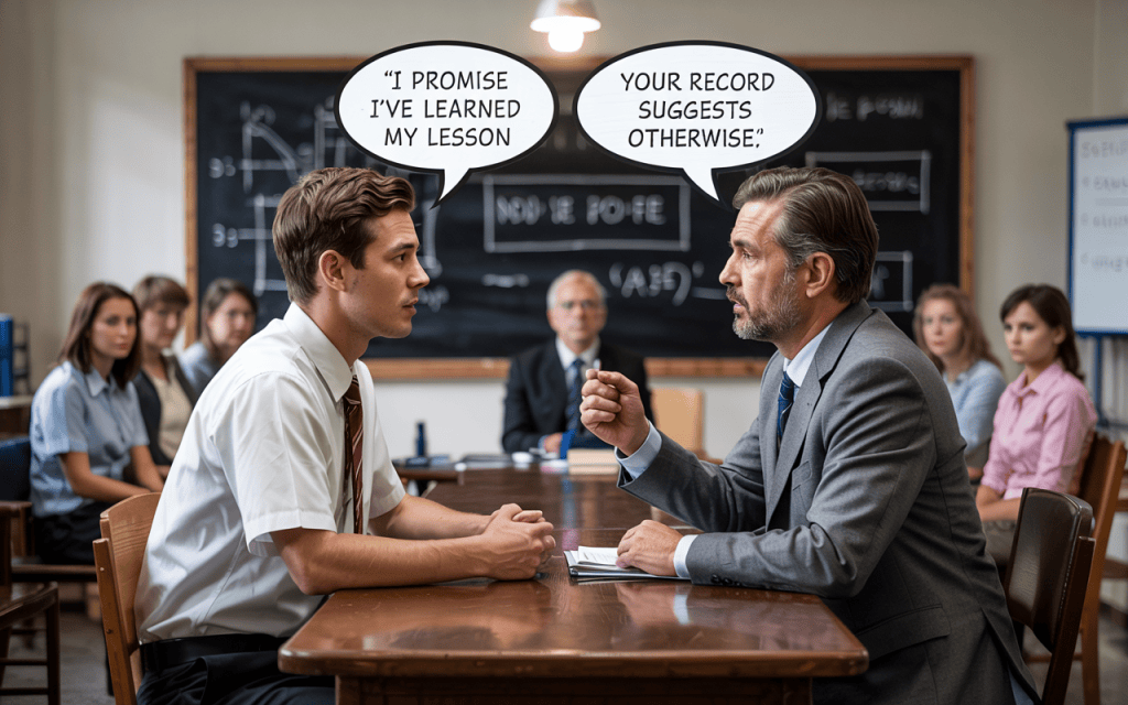 A classroom scene showing a young man in a white shirt promising he has learned his lesson, while an older man in a suit responds with skepticism, pointing to a record of behavior. Other individuals observe the conversation attentively.