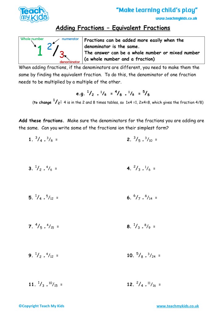 adding fractions equivalent fractions tmk education