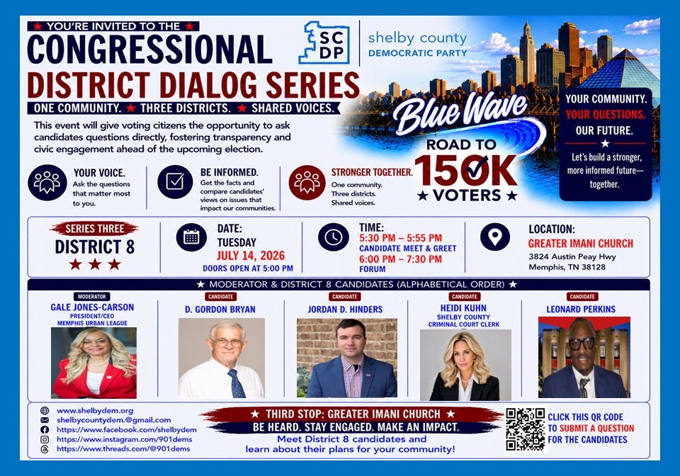 Poster for Congressional District Dialog Series: Blue Wave to 150K Voters with date, time, location and candidate photos in the lineup for District 8 year event details.
