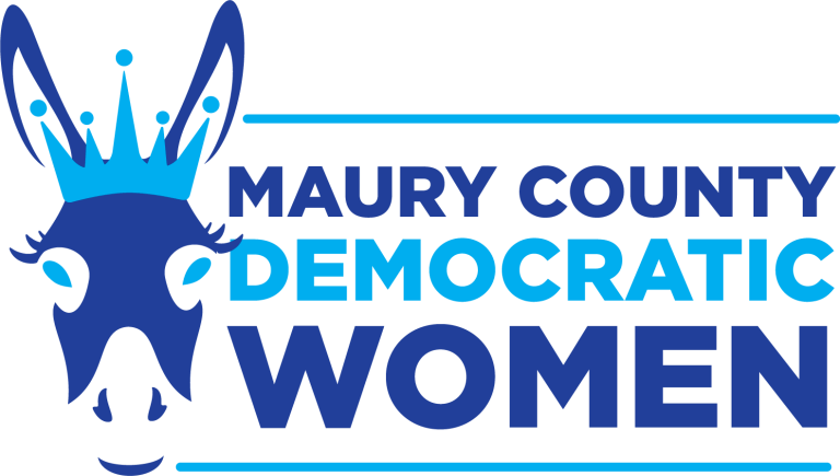 Maury County Democratic Women logo with a blue crowned goat head and bold blue text.