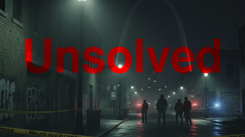 Dark urban alley in St. Louis with police tape and Gateway Arch in the distance, evoking unsolved crime mysteries.