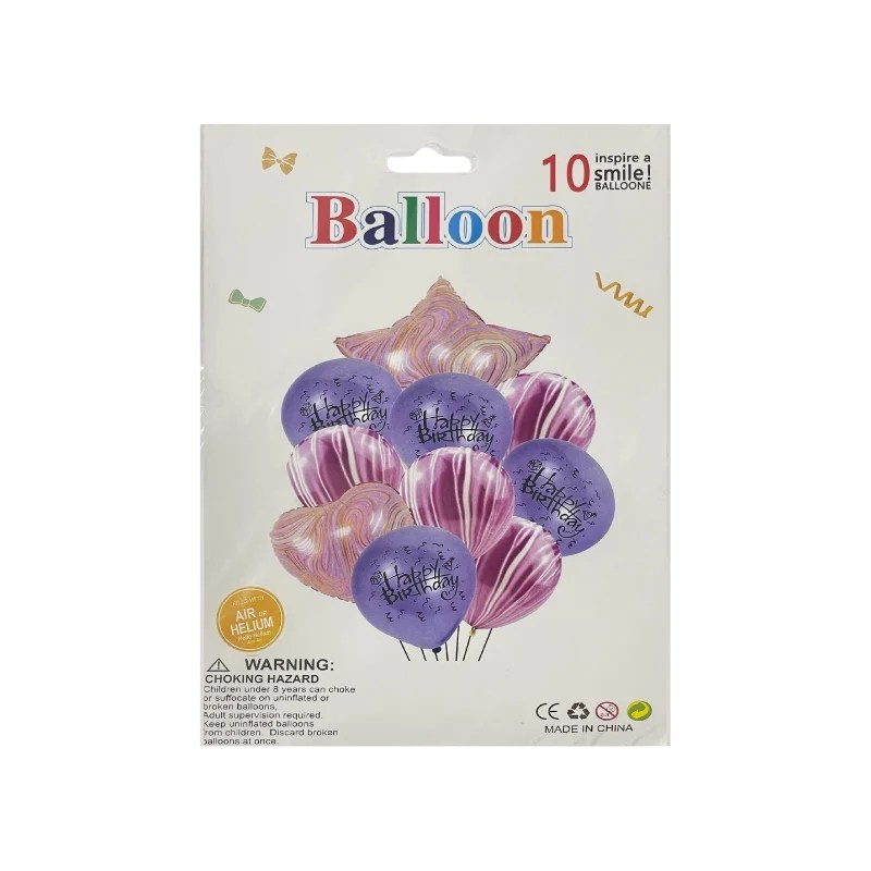 10 Pcs Marble Design Foil Balloon Decor Set - Purple & Gold