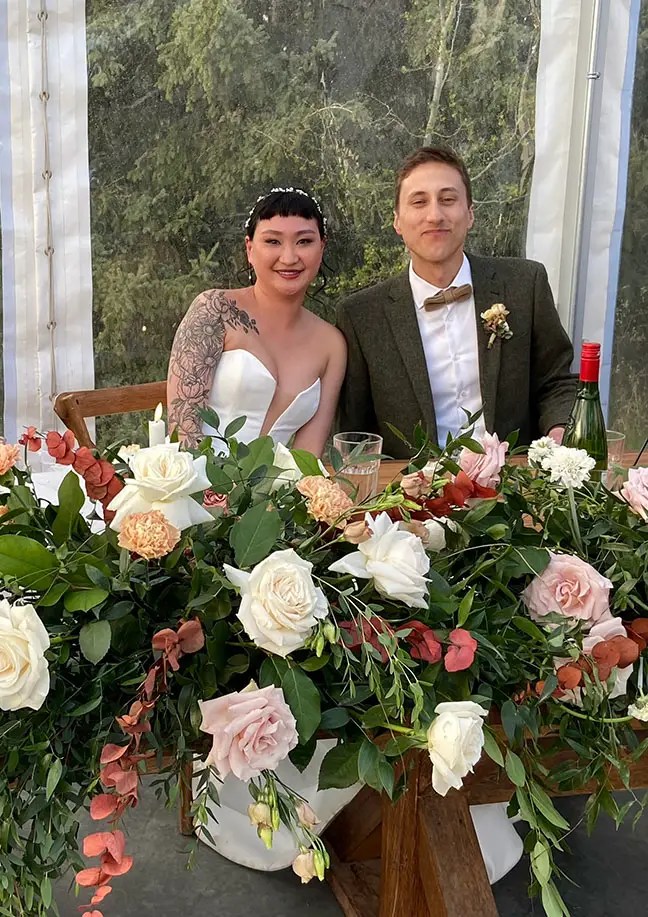 Bride and groom at Wedding reception, Pine and Pond, Ponoka, Alberta