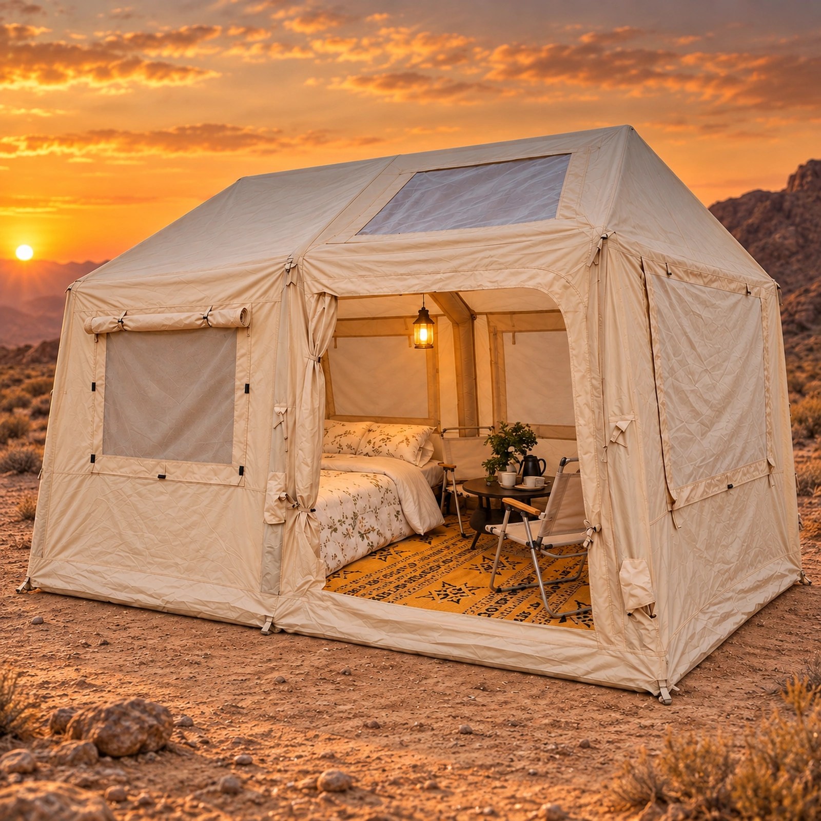 Toby's Inflatable Tent-04 Camping Tent with Pump 4-6 Person Glamping Tents Luxury Cabin Tent with Mesh Windows Doors, Rechargeable Battery For Inflation