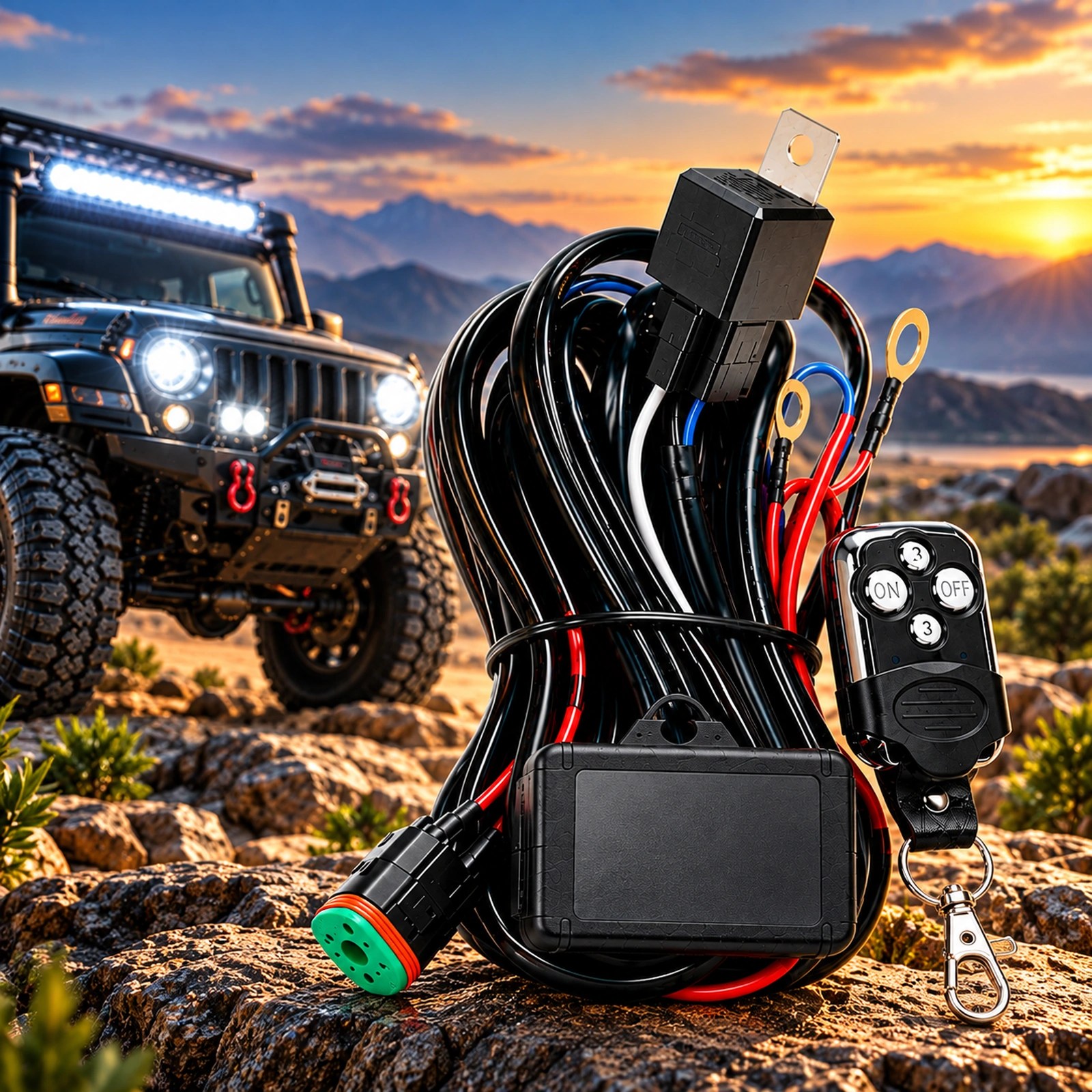 Toby's LED Bar DT Cable-14 2 Switch With Remote 12V Light Bar Strobe Wiring Harness Cable Kit, 40A Relay
