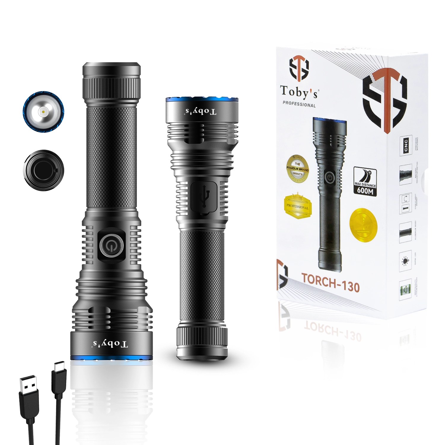 Toby's Torch-130 Rechargeable LED Flashlight with Great Lumen Bright Powerful Torch Light - High Strength Aluminum Alloy - Long Lasting Battery Life