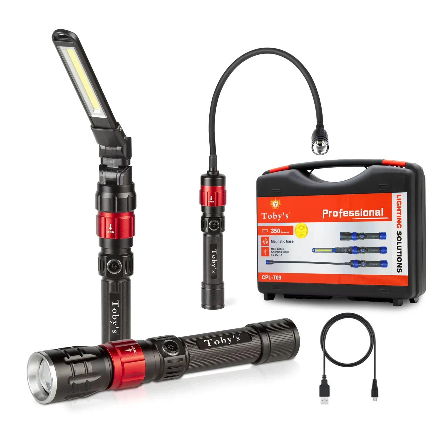 Toby's CPL-T09 3 in 1 Quick Connect Rechargeable Led Work Light Kit with Magnetic Base, LED Flashlight with Flexible Gooseneck Light and Slim Bar Light,4000MA Battery and USB-C Charge
