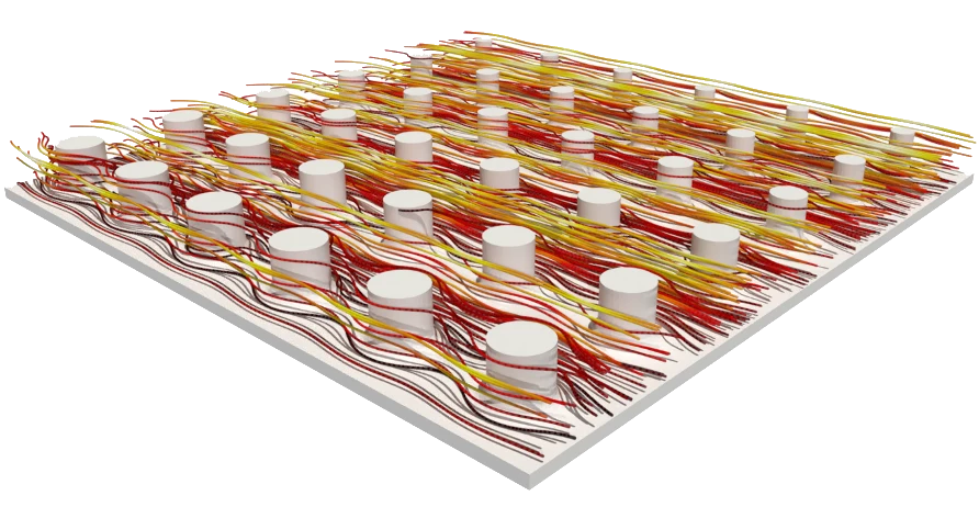 Visualization of multiscale modeling for CFD optimization, illustrating cooling fluid streamlines and temperature distribution within a heat sink