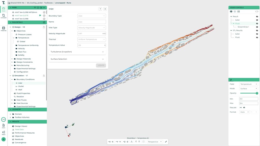 Streamlines on the optimized 2D Extruded Design in ToffeeX. The GUI shows the pins generated by the optimization process with the streamlines moving from the inlet to the outlet, coloured by temperature