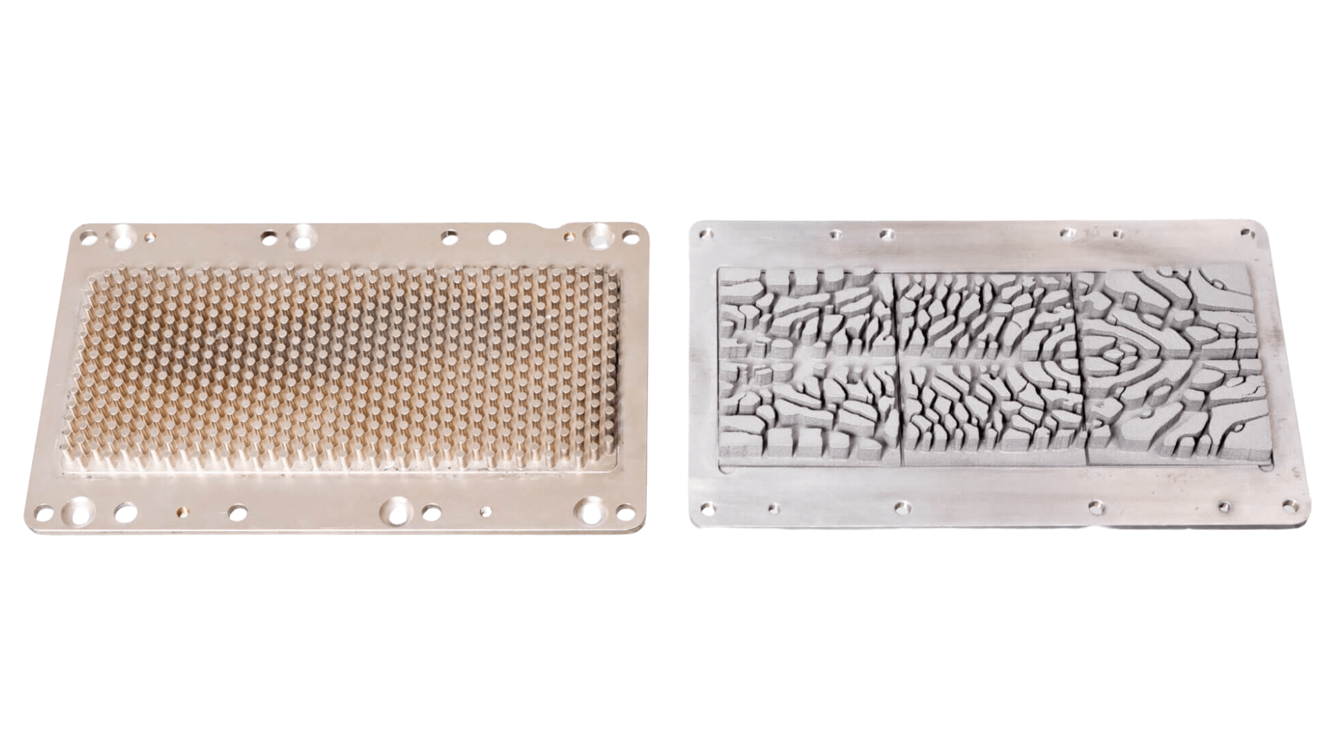 Traditional pin-fin cold plate and a ToffeeX topology optimized cold plate side by side