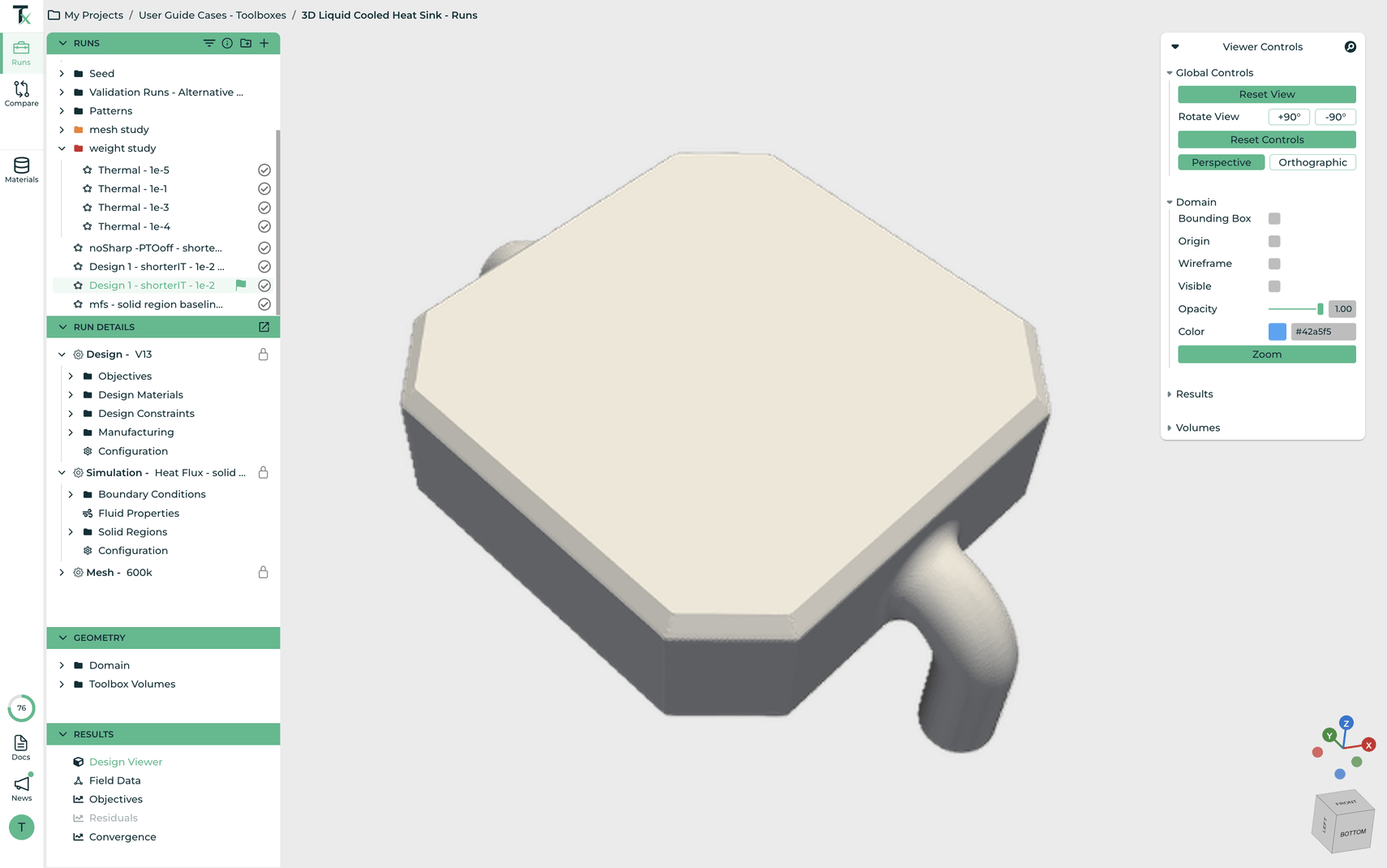 ToffeeX interface — initial domain setup for a liquid-cooled heat sink component