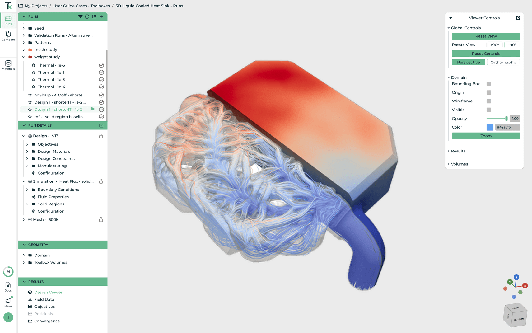 ToffeeX physics-driven topology optimization: fluid streamlines and thermal distribution on a heat sink geometry