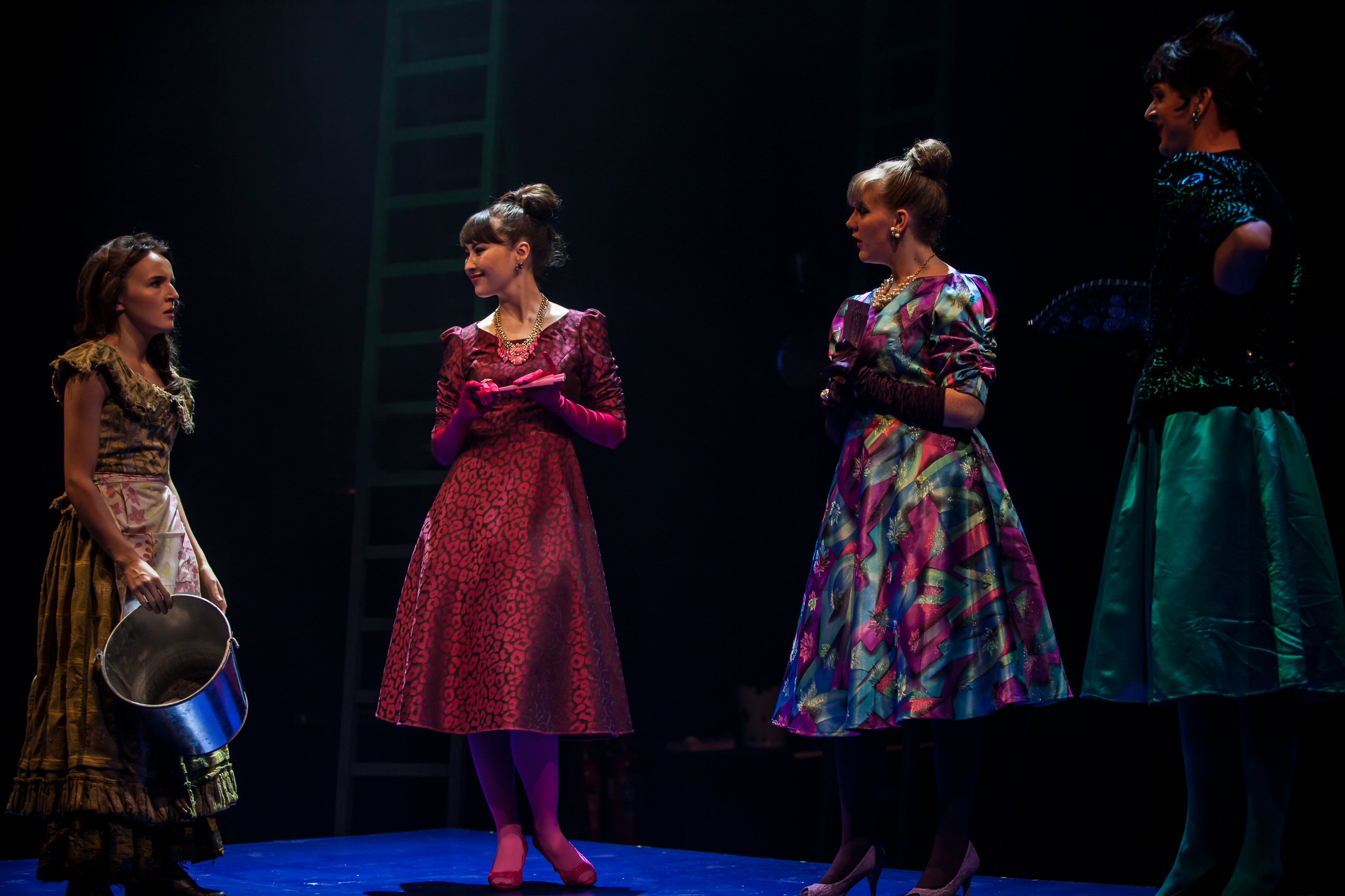 Katie Honan (Cinderella), Vanessa Emme (Florinda), Hannah Carnegie (Lucinda) and Liam Heslin (Stepmother) in Into the Woods. Photo by Keith Dixon.