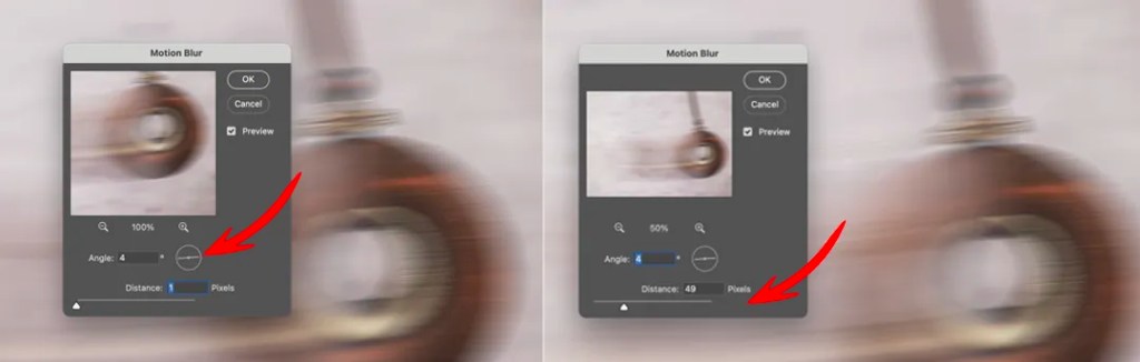 Using the motion blur filter in Photoshop.