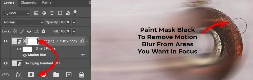 Working with masks to remove motion blur in Photoshop.