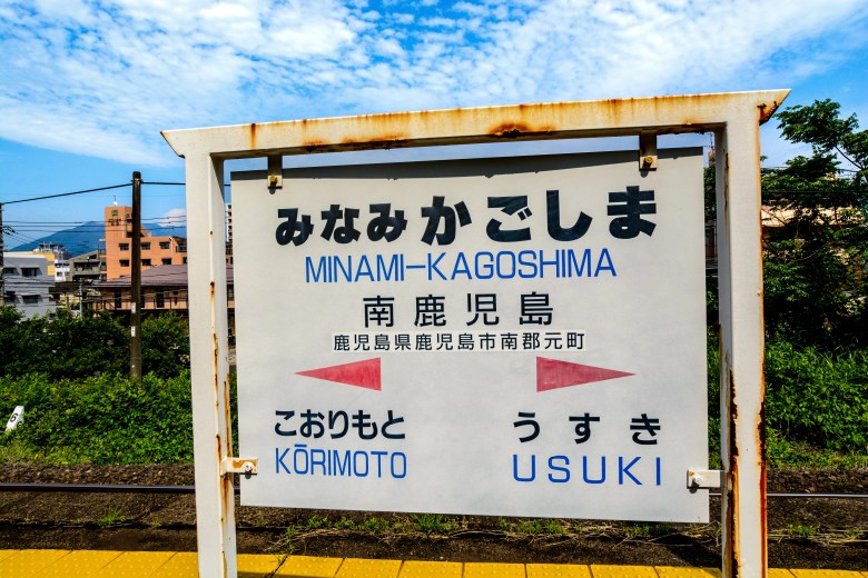 駅名標と背後に桜島。