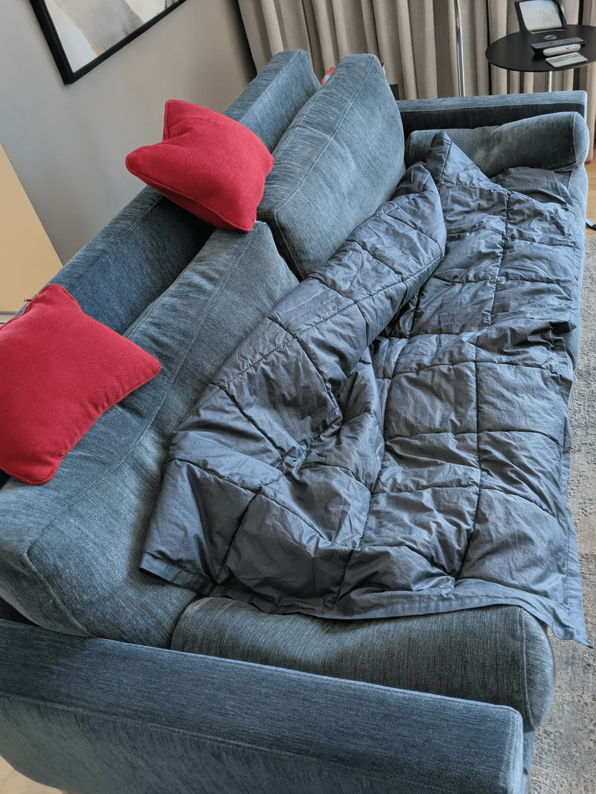 A teal blue sofa with two red throw pillows and a dark gray quilted blanket occupies the foreground, with curtains and a small table holding remote controls visible in the background.