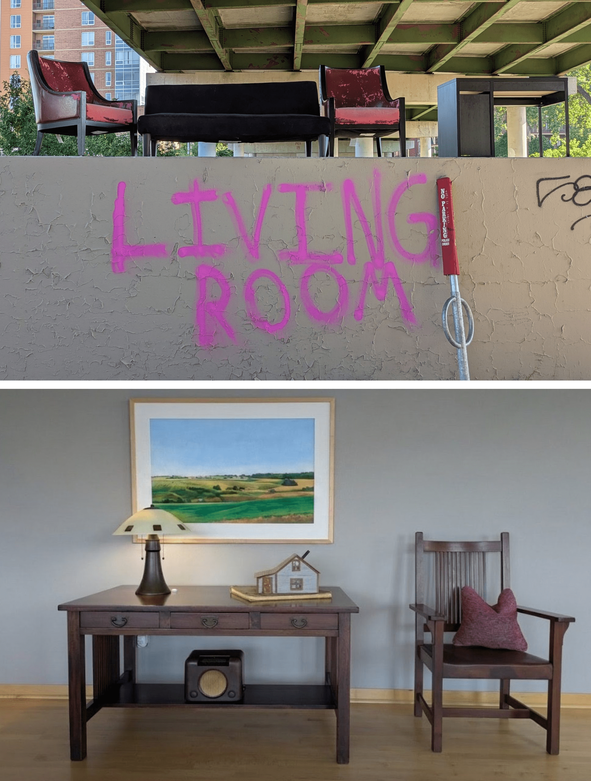 The image juxtaposes an outdoor scene featuring the words LIVING ROOM painted in pink on a concrete wall above discarded furniture under a bridge, against an interior view of a traditional living space complete with a wooden desk, lamp, and framed landscape painting.