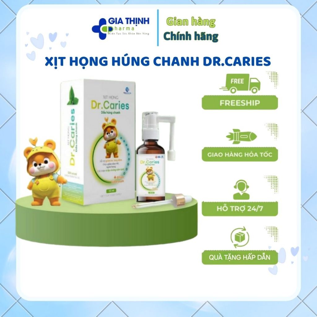 Sẵn Xịt Họng Húng Chanh Dr.Caries Giúp Giảm Ho, Tiêu Đờm, Tăng Đề Kháng ,Hô Hấp An Toàn Cho Bé, Lọ 30 ml-TKUShop