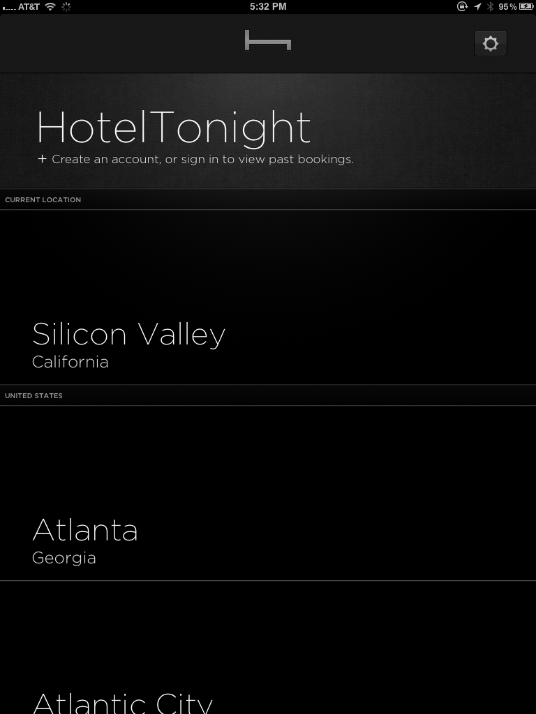Hotel Tonight Opening Screen